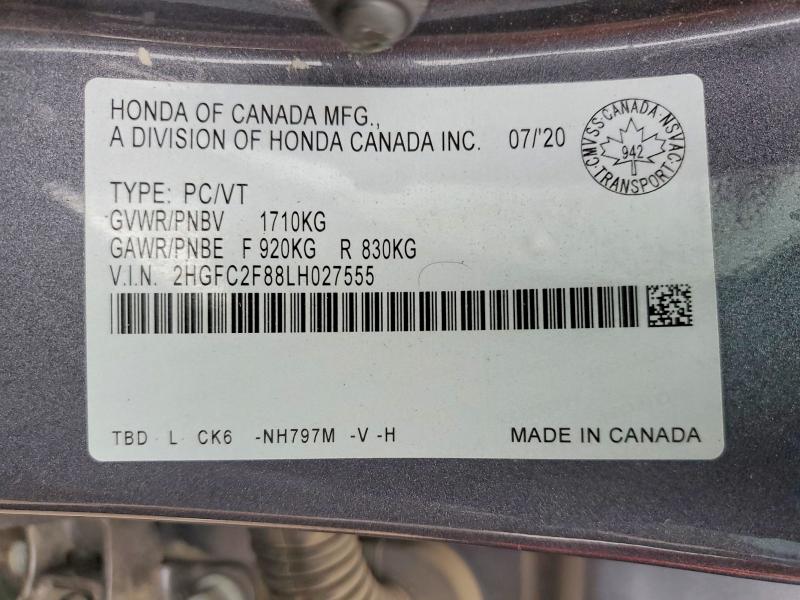 Продажа на аукционе авто 2020 Honda Civic, vin: 2HGFC2F88LH027555, номер лота: 67804106