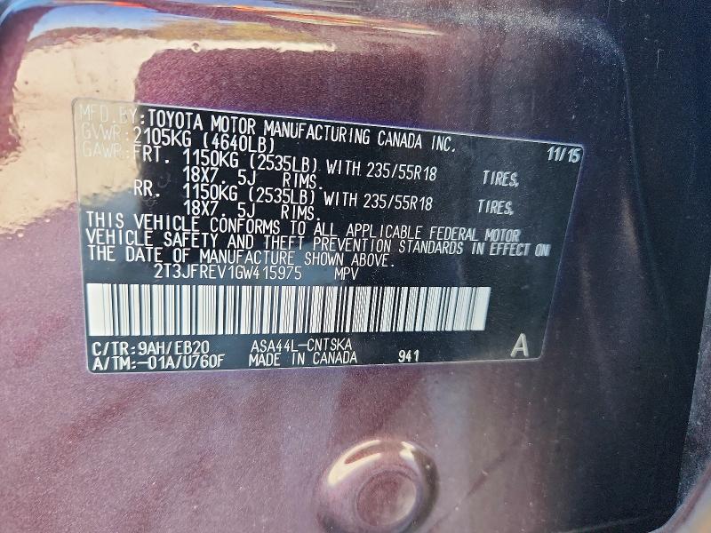 Aukcja sprzedaży 2016 Toyota Rav4, vin: 2T3JFREV1GW415975, numer aukcji: 68455536