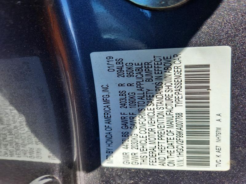 Продажа на аукционе авто 2019 Honda Accord, vin: 1HGCV2F99KA007768, номер лота: 68917316