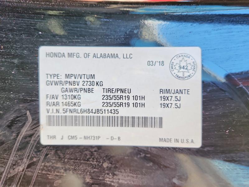Auction sale of the 2018 Honda Odyssey, vin: 5FNRL6H84JB511435, lot number: 67994026
