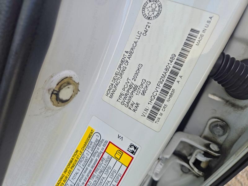2021 Honda Accord მანქანა იყიდება აუქციონზე, vin: 1HGCV1F92MA801489, აუქციონის ნომერი: 66726636