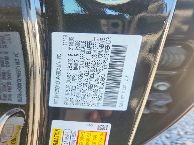 2020 Honda Accord მანქანა იყიდება აუქციონზე, vin: 1HGCV1F3XLA038003, აუქციონის ნომერი: 66852226