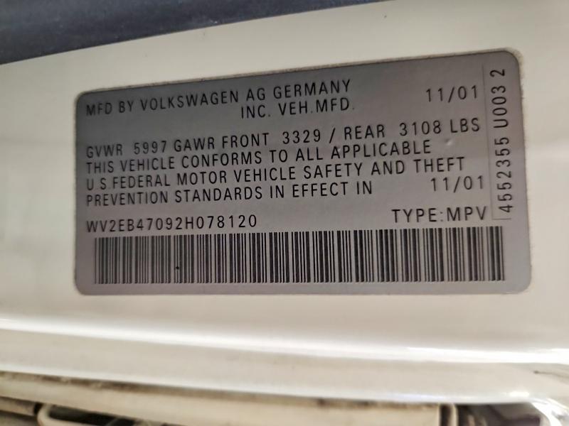2002 Volkswagen Eurovan მანქანა იყიდება აუქციონზე, vin: WV2EB47092H078120, აუქციონის ნომერი: 67353946