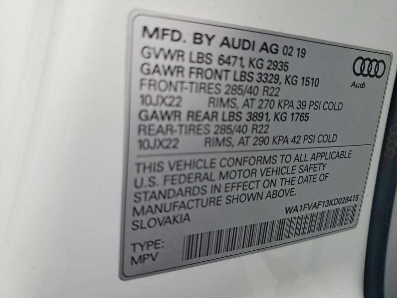 Продажа на аукционе авто 2019 Audi Q8, vin: WA1FVAF13KD028415, номер лота: 67683456