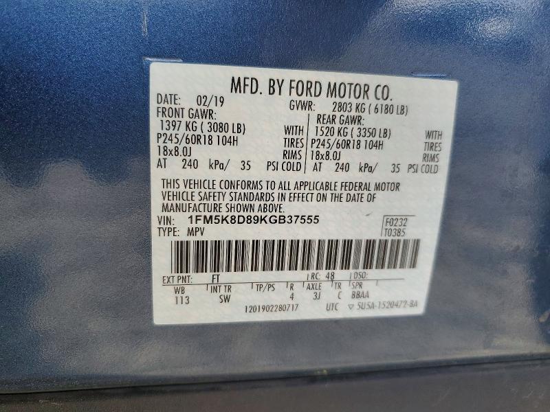 69968176 :رقم المزاد ، 1FM5K8D89KGB37555 vin ، 2019 Ford Explorer مزاد بيع