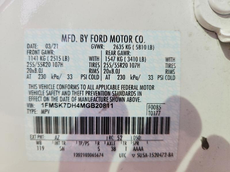 70011426 :رقم المزاد ، 1FMSK7DH4MGB20811 vin ، 2021 Ford Explorer مزاد بيع