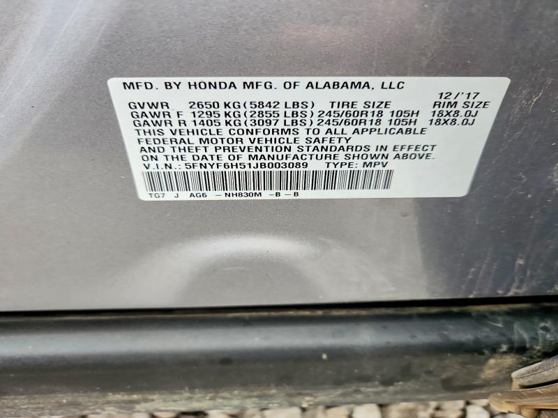 2018 Honda Pilot მანქანა იყიდება აუქციონზე, vin: 5FNYF6H51JB003089, აუქციონის ნომერი: 70028186