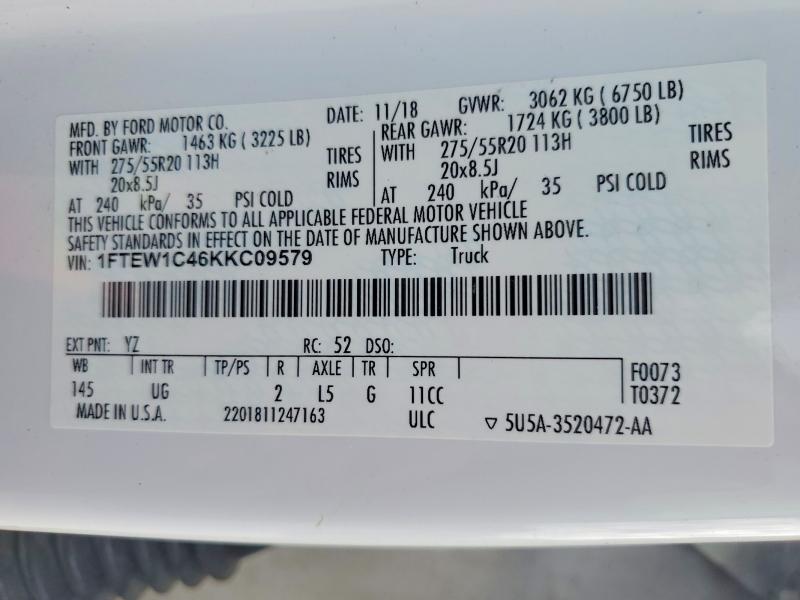 Auction sale of the 2019 Ford F150, vin: 1FTEW1C46KKC09579, lot number: 71170836