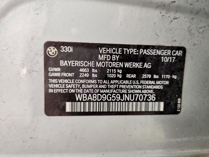 Auction sale of the 2018 Bmw 330, vin: WBA8D9G59JNU70736, lot number: 67815416