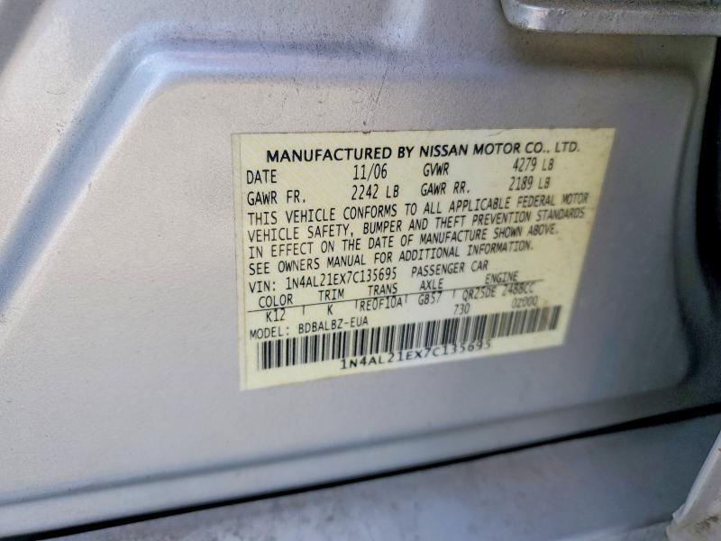2007 Nissan Altima მანქანა იყიდება აუქციონზე, vin: 1N4AL21EX7C135695, აუქციონის ნომერი: 67933446