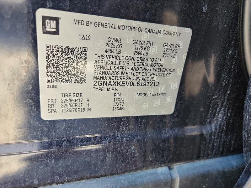 70854136 :رقم المزاد ، 2GNAXKEV0L6191213 vin ، 2020 Chevrolet Equinox مزاد بيع