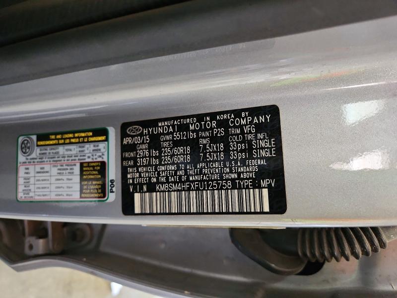 2015 Hyundai Santa Fe მანქანა იყიდება აუქციონზე, vin: KM8SM4HFXFU125758, აუქციონის ნომერი: 67675106