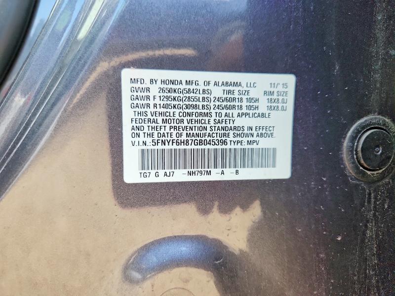 Aukcja sprzedaży 2016 Honda Pilot, vin: 5FNYF6H87GB045396, numer aukcji: 67485576