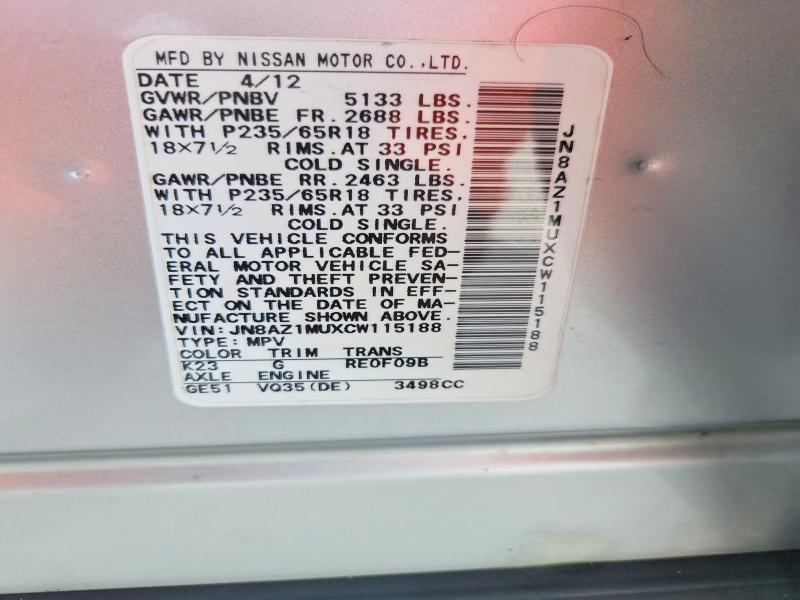 Aukcja sprzedaży 2012 Nissan Murano, vin: JN8AZ1MUXCW115188, numer aukcji: 68344226