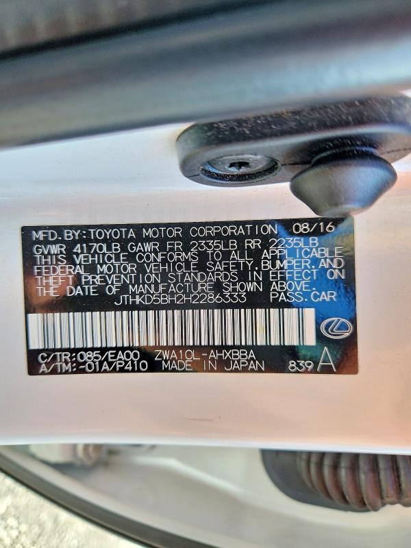 2017 Lexus Ct მანქანა იყიდება აუქციონზე, vin: JTHKD5BH2H2286333, აუქციონის ნომერი: 70708226