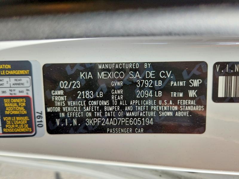 68839566 :رقم المزاد ، 3KPF24AD7PE605194 vin ، 2023 Kia Forte مزاد بيع