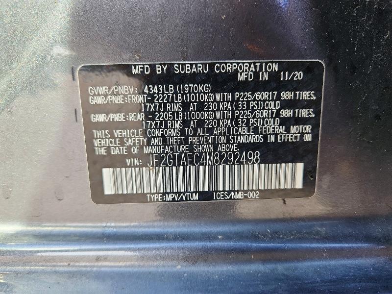 Aukcja sprzedaży 2021 Subaru Crosstrek, vin: JF2GTAEC4M8292498, numer aukcji: 68398166