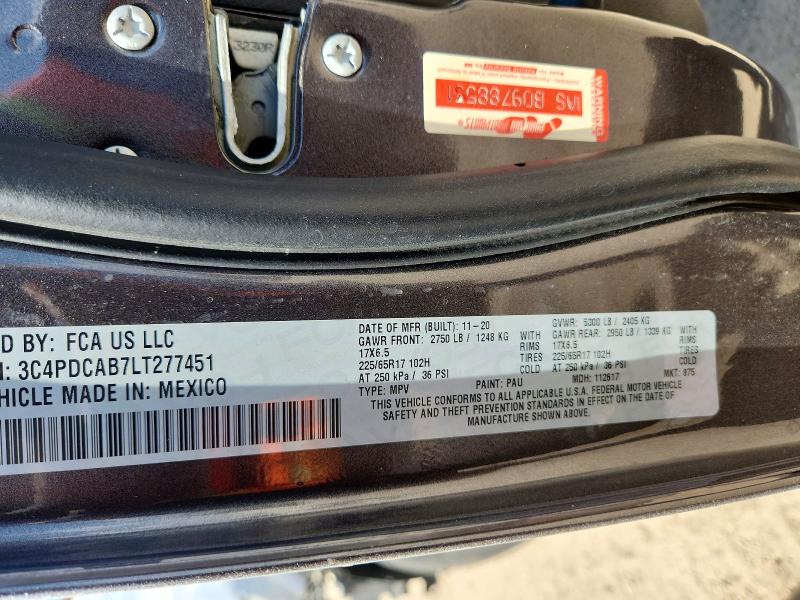 68333876 :رقم المزاد ، 3C4PDCAB7LT277451 vin ، 2020 Dodge Journey مزاد بيع