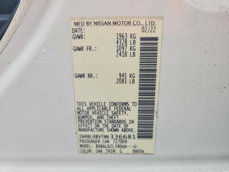 2022 Nissan Altima მანქანა იყიდება აუქციონზე, vin: 1N4BL4BV7NN336681, აუქციონის ნომერი: 67883756