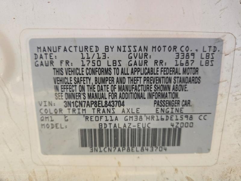 Aukcja sprzedaży 2014 Nissan Versa, vin: 3N1CN7AP8EL843704, numer aukcji: 70803676