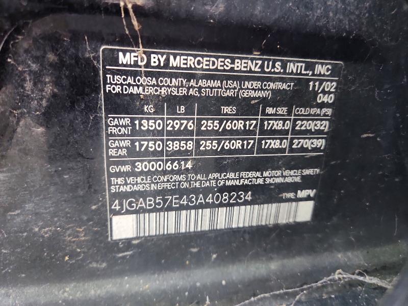 66806086 :رقم المزاد ، 4JGAB57E43A408234 vin ، 2003 Mercedes-benz M-class مزاد بيع