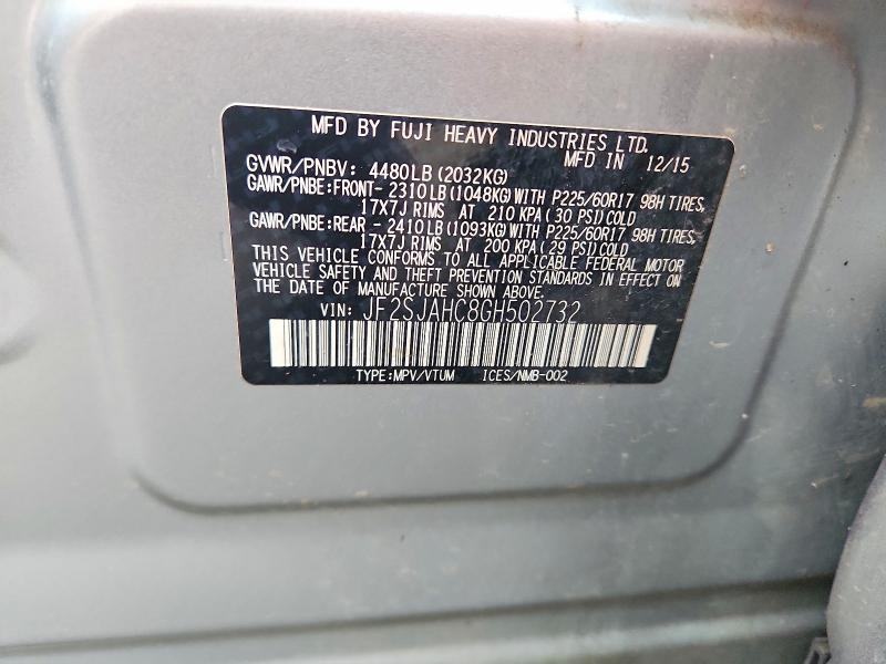 2016 Subaru Forester მანქანა იყიდება აუქციონზე, vin: JF2SJAHC8GH502732, აუქციონის ნომერი: 70017246