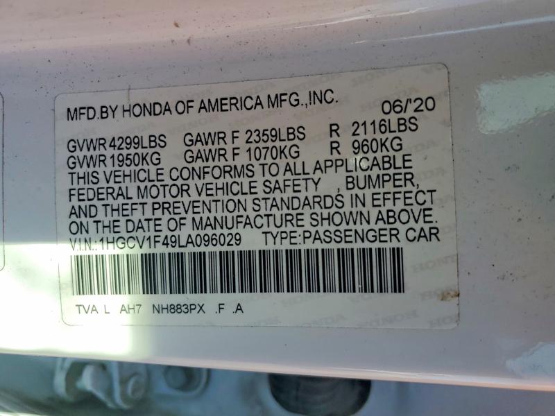 2020 Honda Accord მანქანა იყიდება აუქციონზე, vin: 1HGCV1F49LA096029, აუქციონის ნომერი: 67892116