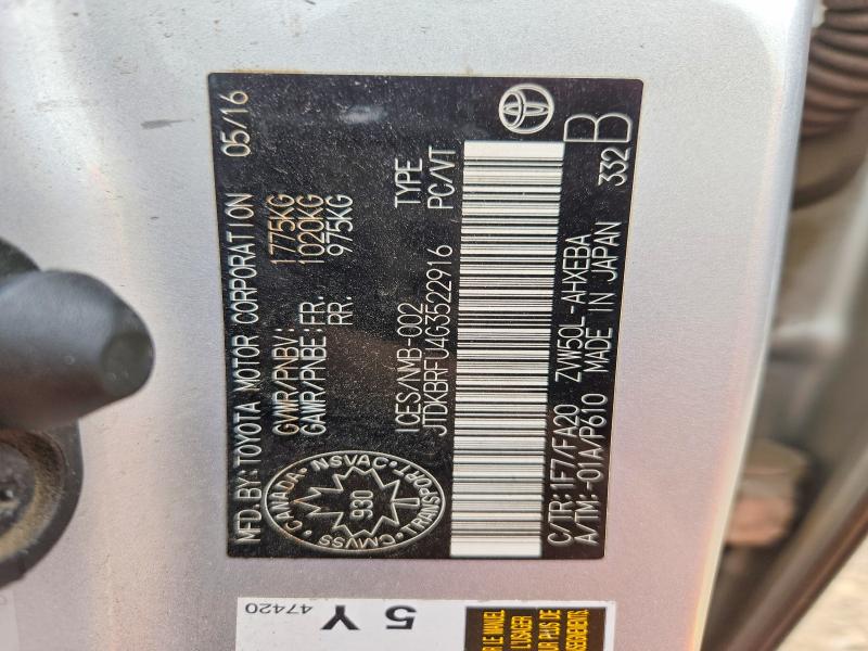 70166406 :رقم المزاد ، JTDKBRFU4G3522916 vin ، 2016 Toyota Prius مزاد بيع
