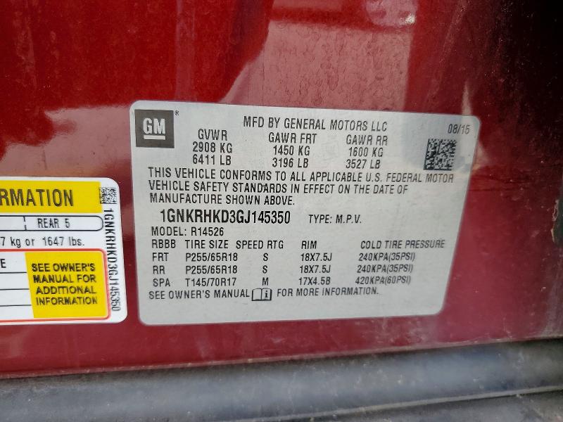 2016 Chevrolet Traverse მანქანა იყიდება აუქციონზე, vin: 1GNKRHKD3GJ145350, აუქციონის ნომერი: 69542066