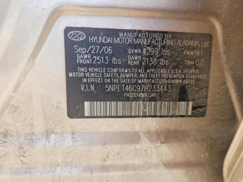 Auction sale of the 2007 Hyundai Sonata, vin: 5NPET46C97H233443, lot number: 69741836