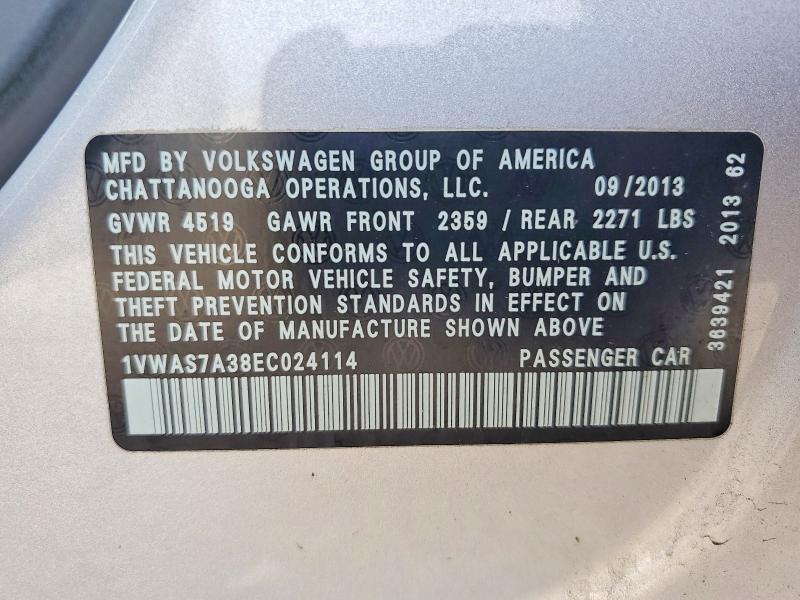 67340496 :رقم المزاد ، 1VWAS7A38EC024114 vin ، 2014 Volkswagen Passat مزاد بيع
