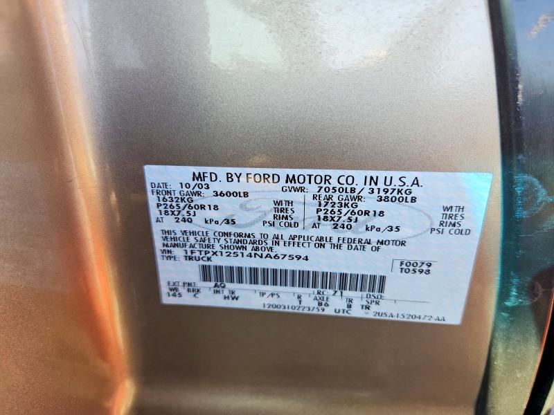 2004 Ford F150 მანქანა იყიდება აუქციონზე, vin: 1FTPX12514NA67594, აუქციონის ნომერი: 71214566