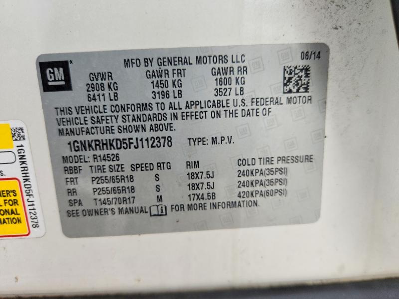 69199026 :رقم المزاد ، 1GNKRHKD5FJ112378 vin ، 2015 Chevrolet Traverse مزاد بيع