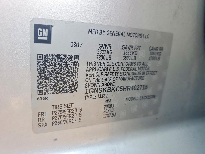 66782096 :رقم المزاد ، 1GNSKBKC5HR402715 vin ، 2017 Chevrolet Tahoe مزاد بيع