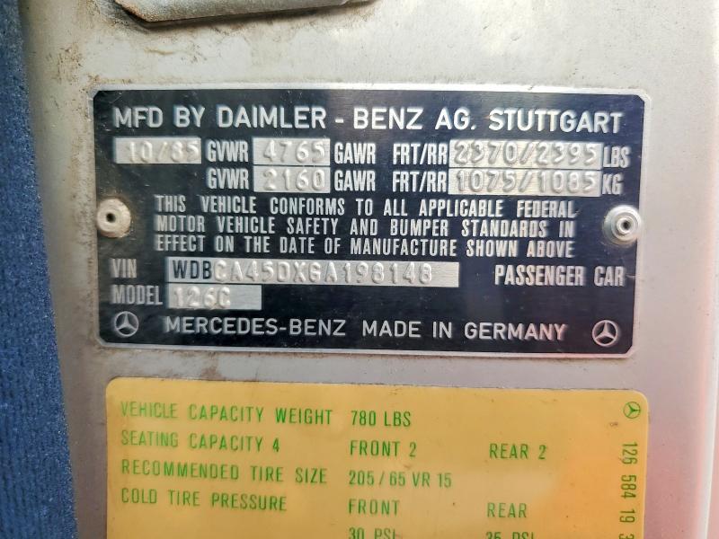 69942816 :رقم المزاد ، WDBCA45DXGA198148 vin ، 1986 Mercedes-benz 560 مزاد بيع