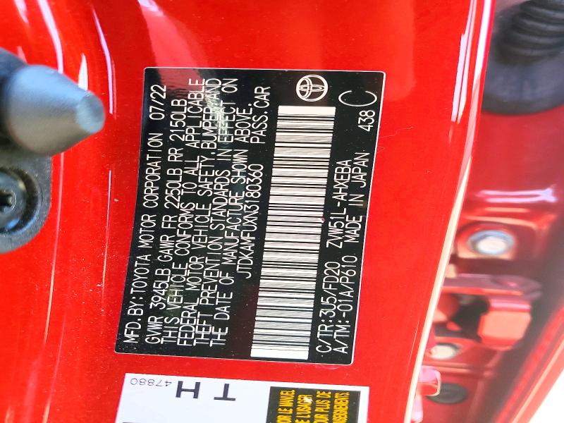 2022 Toyota Prius მანქანა იყიდება აუქციონზე, vin: JTDKAMFUXN3180360, აუქციონის ნომერი: 69487496