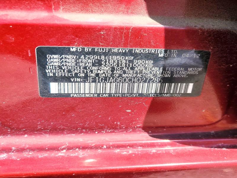 66545236 :رقم المزاد ، JF1GJAG60CH027285 vin ، 2012 Subaru Impreza مزاد بيع