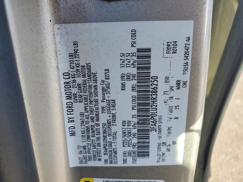 70736256 :رقم المزاد ، 3FA6P0LU2HR386250 vin ، 2017 Ford Fusion مزاد بيع