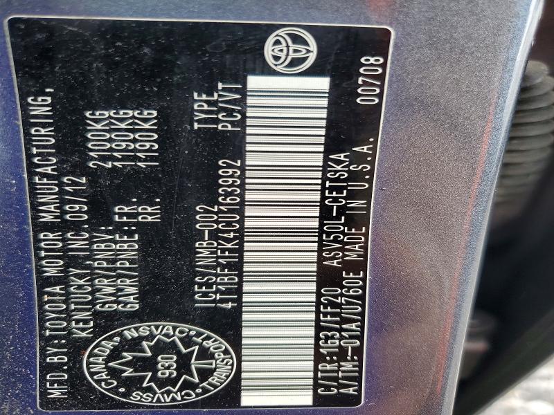 68031846 :رقم المزاد ، 4T1BF1FK4CU163992 vin ، 2012 Toyota Camry مزاد بيع