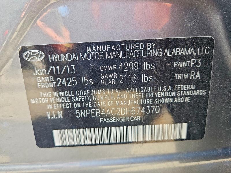 Aukcja sprzedaży 2013 Hyundai Sonata, vin: 5NPEB4AC2DH674370, numer aukcji: 68767916