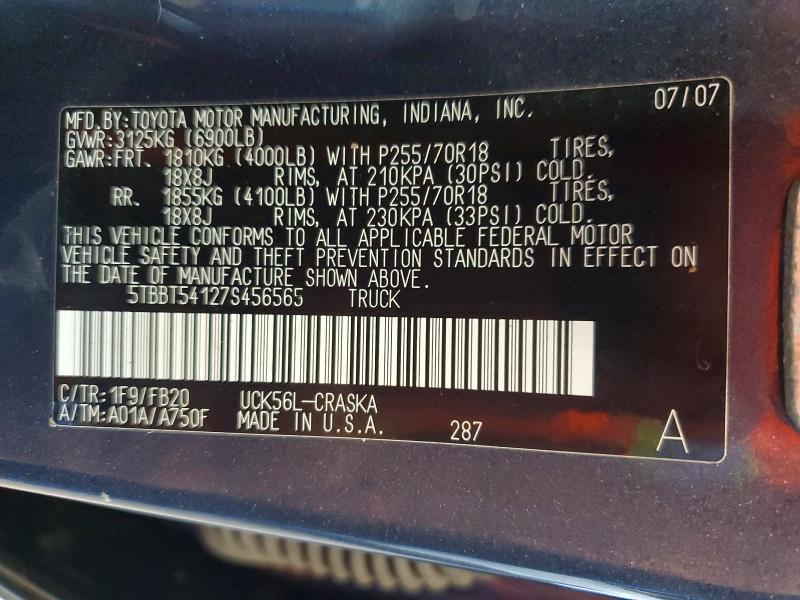 67341216 :رقم المزاد ، 5TBBT54127S456565 vin ، 2007 Toyota Tundra مزاد بيع