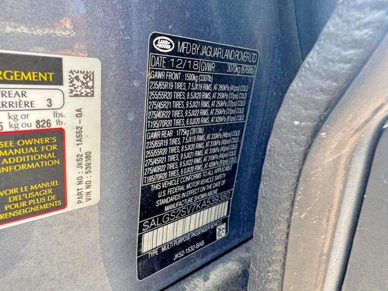 2019 Land Rover Range Rover მანქანა იყიდება აუქციონზე, vin: SALGS2SV7KA539380, აუქციონის ნომერი: 70269106