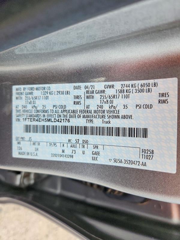 Aukcja sprzedaży 2021 Ford Ranger, vin: 1FTER4EH5MLD42176, numer aukcji: 66965016