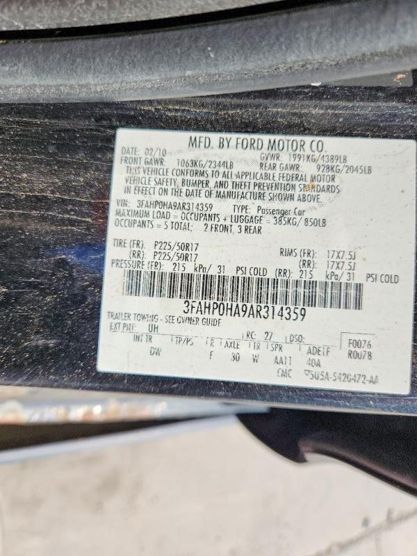 2010 Ford Fusion მანქანა იყიდება აუქციონზე, vin: 3FAHP0HA9AR314359, აუქციონის ნომერი: 70083516