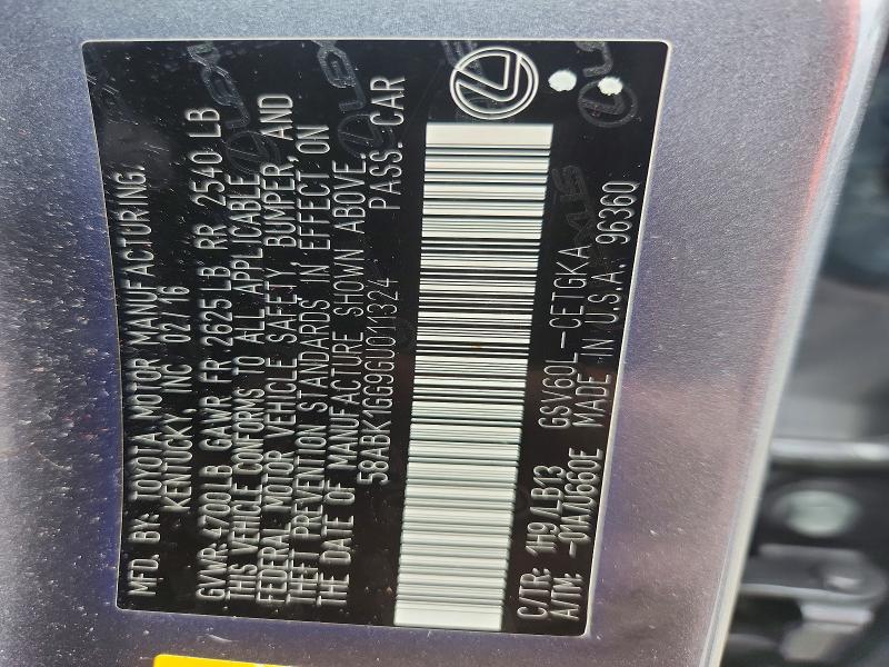 Продаж на аукціоні авто 2016 Lexus Es, vin: 58ABK1GG9GU011324, номер лоту: 69940656