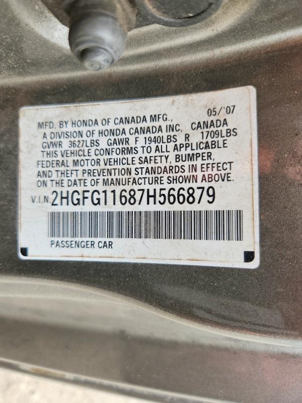2007 Honda Civic მანქანა იყიდება აუქციონზე, vin: 2HGFG11687H566879, აუქციონის ნომერი: 68046666