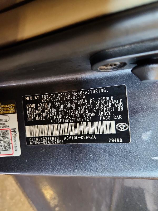 2007 Toyota Camry მანქანა იყიდება აუქციონზე, vin: 4T1BE46K27U507121, აუქციონის ნომერი: 70164426