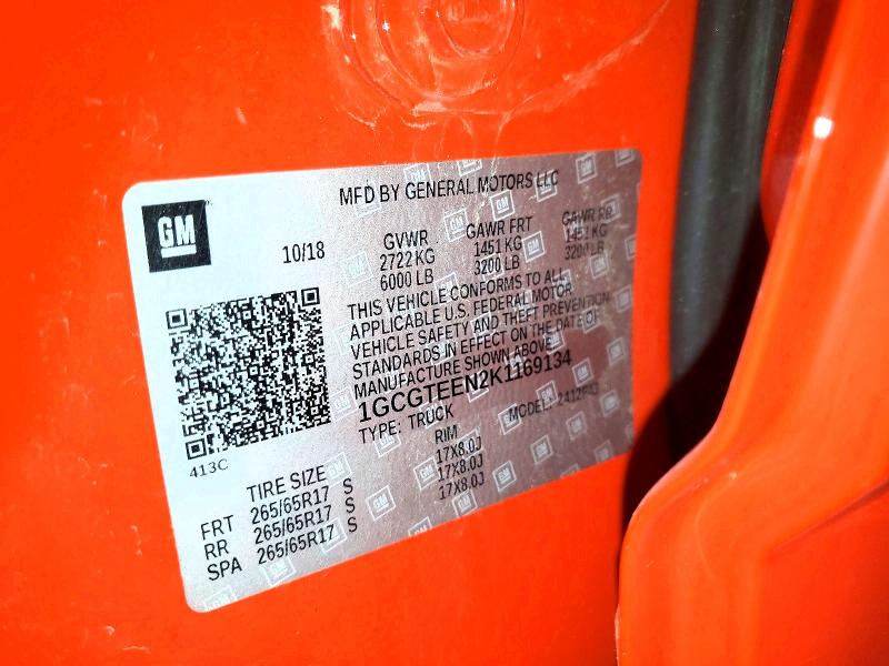 2019 Chevrolet Colorado მანქანა იყიდება აუქციონზე, vin: 1GCGTEEN2K1169134, აუქციონის ნომერი: 67221216