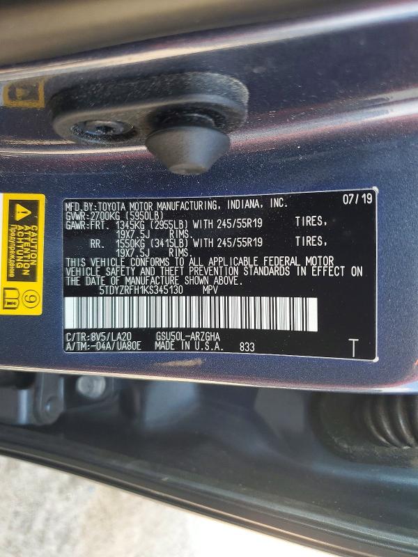 Продажа на аукционе авто 2019 Toyota Highlander, vin: 5TDYZRFH1KS345130, номер лота: 67550446