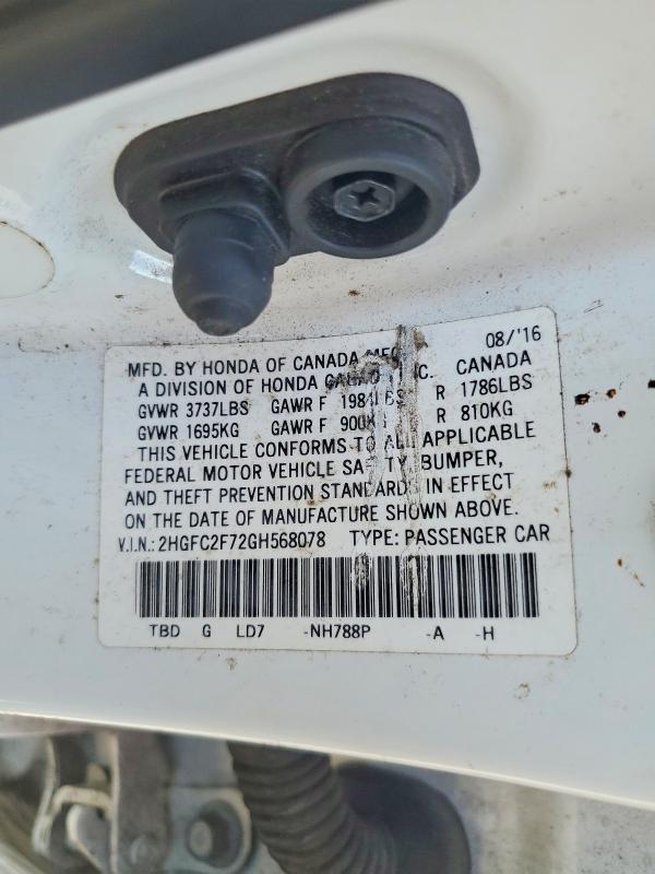 69746146 :رقم المزاد ، 2HGFC2F72GH568078 vin ، 2016 Honda Civic مزاد بيع
